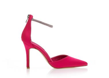 Γόβες φούξια σατέν με λουράκι από στρας μυτερές ΦΟΥΞΙΑ - Tsoukalas - 