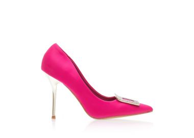 Γόβες φούξια υφασμάτινες με αγκράφα από στρας και ιδιαίτερο τακούνι μυτερές ΦΟΥΞΙΑ - Tsoukalas - 