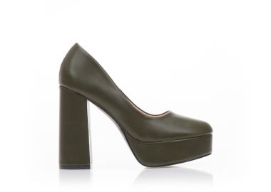 Γόβες λαδί δερματίνη με φιάπα και χοντρό τακούνι ΛΑΔΙ - Tsoukalas - 