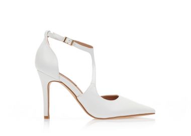 Γόβες λευκές δερματίνη με ιδιαίτερο λοξό λουράκι μυτερές ΛΕΥΚΟ - Tsoukalas - 