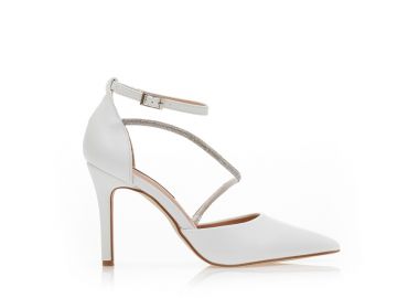 Γόβες λευκές δερματίνη με λοξό λουράκι απο στρας μυτερές ΛΕΥΚΟ - Tsoukalas - 