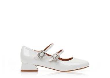 Γόβες λευκές λουστρίνι με διπλή μπαρέτα και στρας ΛΕΥΚΟ - Tsoukalas - 