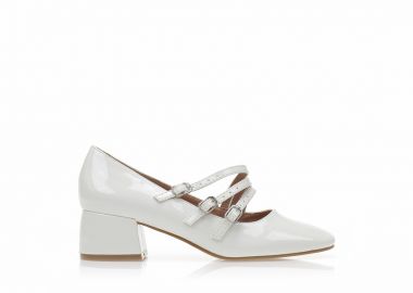 Γόβες λευκές λουστρίνι με μπαρέτες και τετράγωνο τελείωμα ΛΕΥΚΟ - Tsoukalas - 