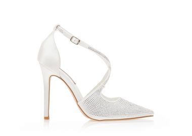 Γόβες λευκές σατέν με χιαστί λουράκια από στρας ΛΕΥΚΟ - Tsoukalas - 