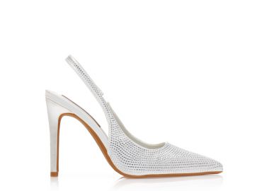 Γόβες λευκές σατέν με στρας μυτερές ΛΕΥΚΟ - Tsoukalas - 