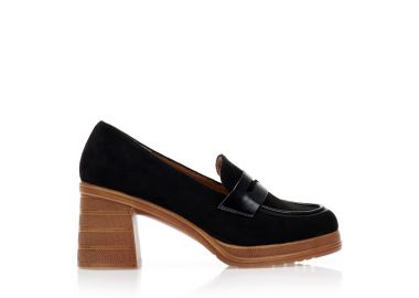 Γόβες loafers μαύρες σουέτ με δερματίνη λεπτομέρειες ΜΑΥΡΟ - Tsoukalas - 