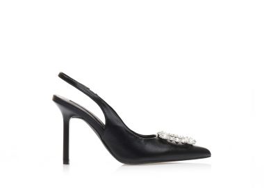 Γόβες μαύρες δερματίνη με αγκράφα από στρας μυτερές ΜΑΥΡΟ - Tsoukalas - 