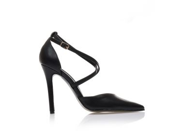 Γόβες μαύρες δερματίνη με χιαστί λουράκια μυτερές ΜΑΥΡΟ - Tsoukalas - 