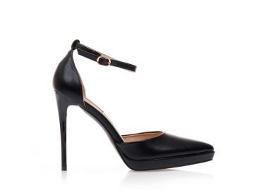 Γόβες μαύρες δερματίνη με φιάπα και λουστρίνι τακούνι ΜΑΥΡΟ - Tsoukalas - 