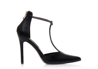 Γόβες μαύρες δερματίνη με λουράκι από στρας και φερμουάρ ΜΑΥΡΟ - Tsoukalas - 