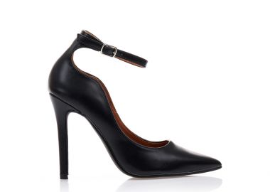 Γόβες μαύρες δερματίνη με λουράκι στον αστράγαλο μυτερές ΜΑΥΡΟ - Tsoukalas - 