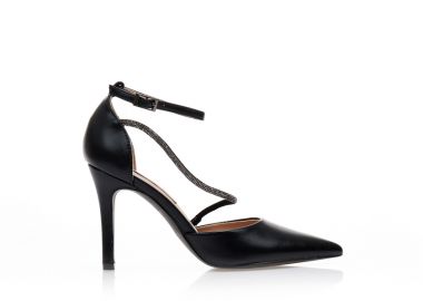 Γόβες μαύρες δερματίνη με λοξό λουράκι απο στρας μυτερές ΜΑΥΡΟ - Tsoukalas - 