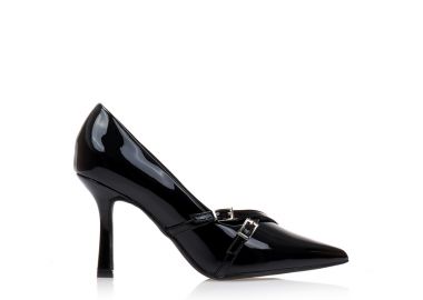 Γόβες μαύρες λουστρίνι με διακοσμητικά λουράκια ΜΑΥΡΟ - Tsoukalas - 