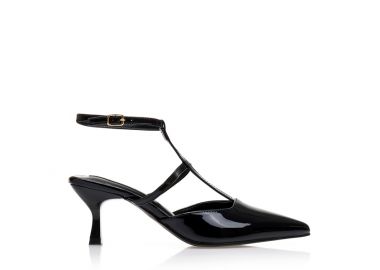 Γόβες μαύρες λουστρίνι με μπαρέτα και ιδιαίτερο τακούνι ΜΑΥΡΟ - Tsoukalas - 