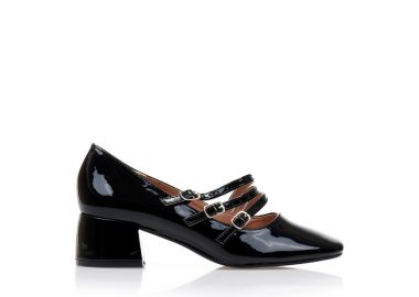 Γόβες μαύρες λουστρίνι με μπαρέτες και τετράγωνο τελείωμα ΜΑΥΡΟ - Tsoukalas - 