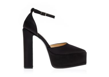 Γόβες μαύρες σατέν δίπατες με λουράκι στον αστράγαλο μυτερές ΜΑΥΡΟ - Tsoukalas - 