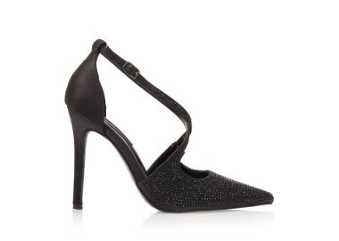 Γόβες μαύρες σατέν με χιαστί λουράκια από στρας ΜΑΥΡΟ - Tsoukalas - 