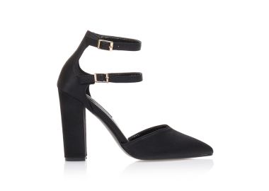 Γόβες μαύρες σατέν με διπλό λουράκι στον αστράγαλο μυτερές ΜΑΥΡΟ - Tsoukalas - 