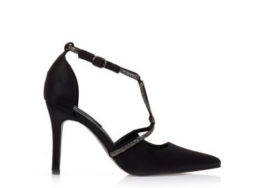 Γόβες μαύρες σατέν με ιδιαίτερο σχέδιο από λουράκια με στρας ΜΑΥΡΟ - Tsoukalas - 