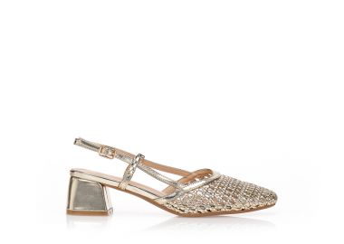 Γόβες με πλέξη ψάθας και χοντρό τακούνι ΧΡΥΣΟ - Tsoukalas - 