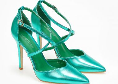 Γόβες με V κόψιμο, μπαρέτα και λεπτό τακούνι - Πράσινο - Issue - 