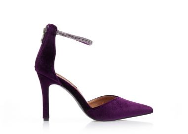 Γόβες μωβ βελούδινες με λουράκι από στρας μυτερές ΜΩΒ - Tsoukalas - 