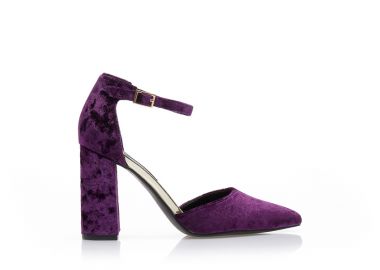 Γόβες μωβ βελούδινες με λουράκι και χρυσές λεπτομέρειες μυτερές ΜΩΒ - Tsoukalas - 