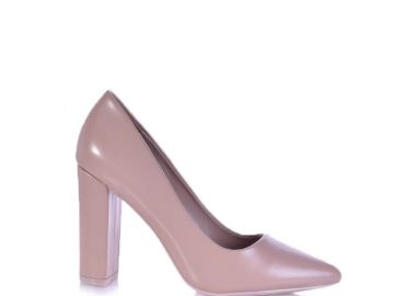 Γόβες μπεζ δερματίνη μυτερές με χοντρό τακούνι ΜΠΕΖ - Tsoukalas - 