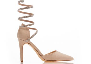 Γόβες μπεζ σουέτ με λουράκι από στρας μυτερές ΜΠΕΖ - Tsoukalas - 