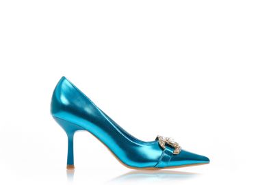 Γόβες μπλε μεταλλιζέ δερματίνη με αγκράφα από στρας ΜΠΛΕ - Tsoukalas - 