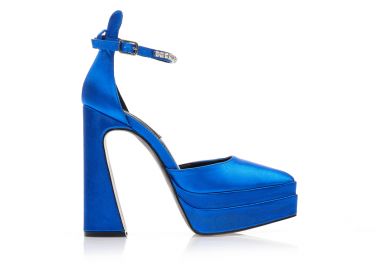 Γόβες μπλε σατέν δίπατες με λουράκι από στρας στον αστράγαλο μυτερές ΜΠΛΕ - Tsoukalas - 