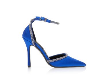 Γόβες μπλε σατέν με διακοσμητικά λουράκια από στρας μυτερές ΜΠΛΕ - Tsoukalas - 