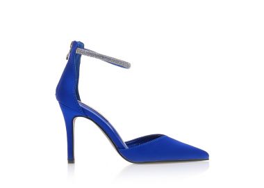 Γόβες μπλε σατέν με λουράκι από στρας μυτερές ΜΠΛΕ - Tsoukalas - 