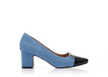 Γόβες μπλε τζιν με μαύρη δερματίνη λεπτομέρεια και χρυσή αγκράφα ΜΠΛΕ - Tsoukalas - 