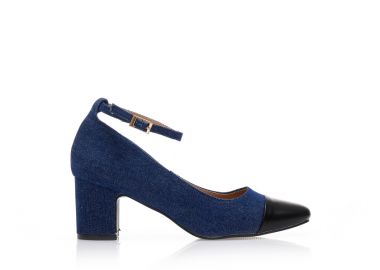 Γόβες μπλε τζιν με μαύρη δερματίνη λεπτομέρεια και λουράκι στον αστράγαλο ΤΖΙΝ - Tsoukalas - 