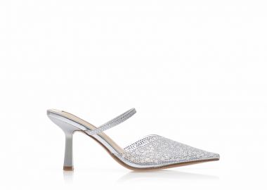 Γόβες mules ασημί δερματίνη με διαφάνεια και στρας ΑΣΗΜΙ - Tsoukalas - 