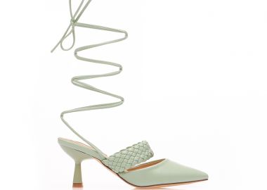 Γόβες mules βεραμάν δερματίνη με πλεκτή φάσα δετές μυτερές ΒΕΡΑΜΑΝ - Tsoukalas - 