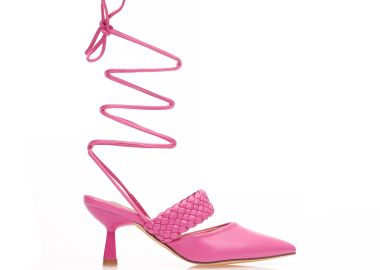 Γόβες mules φούξια δερματίνη με πλεκτή φάσα δετές μυτερές ΦΟΥΞΙΑ - Tsoukalas - 