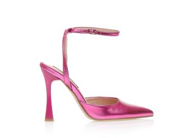 Γόβες mules φούξια μεταλλιζέ δερματίνη με ιδιαίτερο τακούνι μυτερές ΦΟΥΞΙΑ - Tsoukalas - 