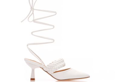 Γόβες mules λευκές δερματίνη με πλεκτή φάσα δετές μυτερές ΛΕΥΚΟ - Tsoukalas - 