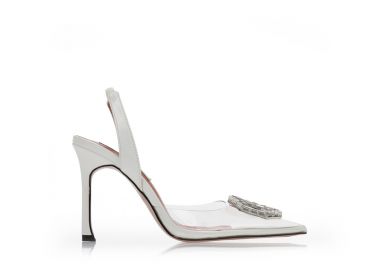 Γόβες mules λευκές λουστρίνι διάφανες με αγκράφα από στρας ΛΕΥΚΟ - Tsoukalas - 