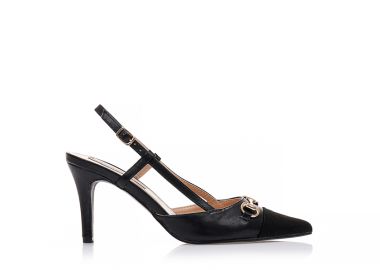 Γόβες mules μαύρες δερματίνη και αγκράφα με λουράκι στον αστράγαλο μυτερές ΜΑΥΡΟ - Tsoukalas - 