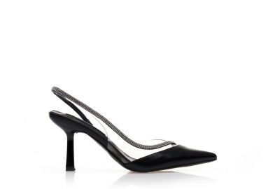 Γόβες mules μαύρες δερματίνη με λουράκι από στρας και διαφάνεια ΜΑΥΡΟ - Tsoukalas - 