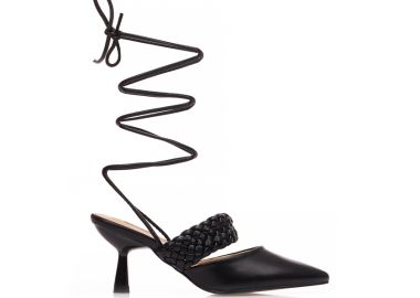 Γόβες mules μαύρες δερματίνη με πλεκτή φάσα δετές μυτερές ΜΑΥΡΟ - Tsoukalas - 