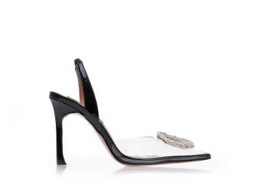 Γόβες mules μαύρες λουστρίνι διάφανες με αγκράφα από στρας ΜΑΥΡΟ - Tsoukalas - 
