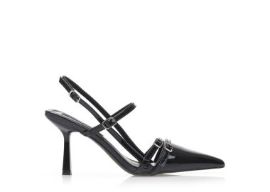 Γόβες mules μαύρες λουστρίνι με διακοσμητικά λουράκια ΜΑΥΡΟ - Tsoukalas - 