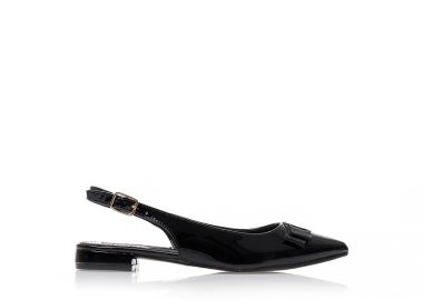 Γόβες mules μαύρες λουστρίνι με διακοσμητικό φιογκάκι και λουράκι στον αστράγαλο μυτερές ΜΑΥΡΟ - Tsoukalas - 