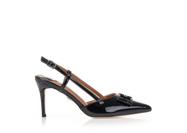 Γόβες mules μαύρες λουστρίνι με μεταλλική αγκράφα ΜΑΥΡΟ - Tsoukalas - 