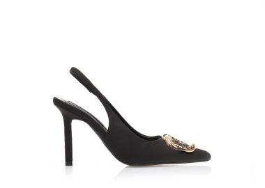 Γόβες mules μαύρες υφασμάτινες με διακοσμητική αγκράφα και στρας ΜΑΥΡΟ - Tsoukalas - 