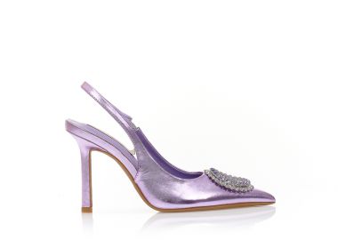 Γόβες mules μωβ μεταλλιζέ δερματίνη με στρογγυλή αγκράφα από στρας μυτερές ΜΩΒ - Tsoukalas - 